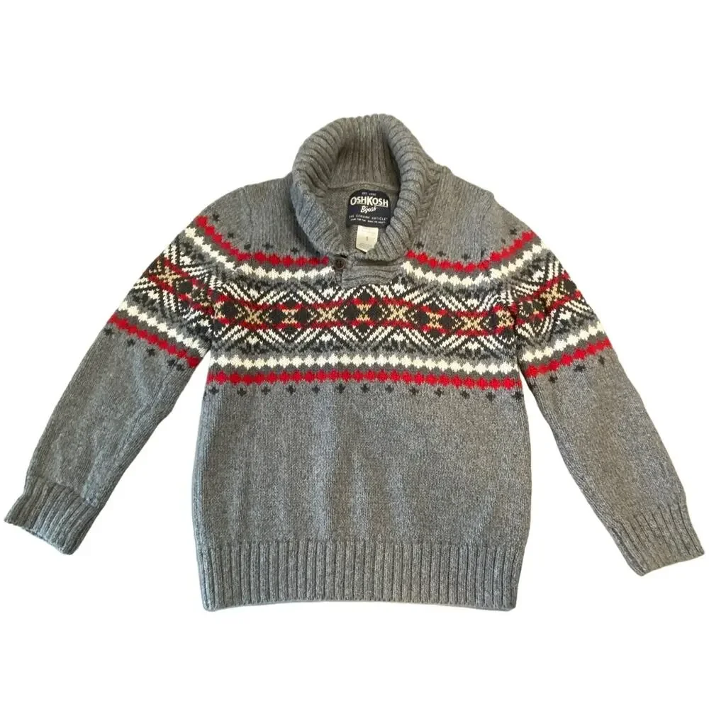 OshKosh B'gosh Boy's Fair Isle Knit Sweater Sz 5 Gray/Red Chunky Cotton Warm